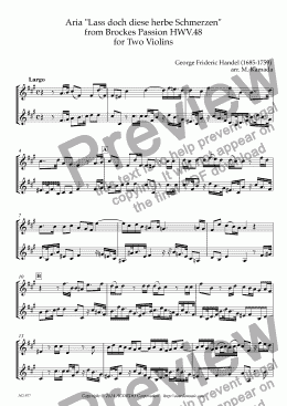 page one of Aria "Lass doch diese herbe Schmerzen" from Brockes Passion HWV.48 for Two Violins