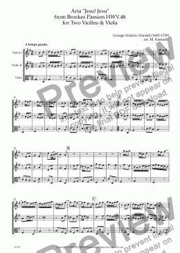 page one of Aria "Jesu! Jesu" from Brockes Passion HWV.48 for Two Violins & Viola