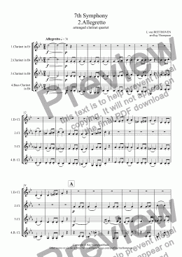 page one of Beethoven: 7th Symphony: Movt.2. Allegretto: arranged clarinet quartet (Eb, 2 Bb and bass clarinet)