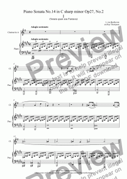 page one of Beethoven: Piano Sonata No.14 in C sharp minor Op27, No.2 Mvt. I.Adagio Sostenuto (Moonlight Sonata) arranged clarinet and piano
