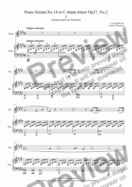 page one of Beethoven: Piano Sonata No.14 in C sharp minor Op27, No.2 Mvt. I.Adagio Sostenuto (Moonlight Sonata) arranged violin and piano