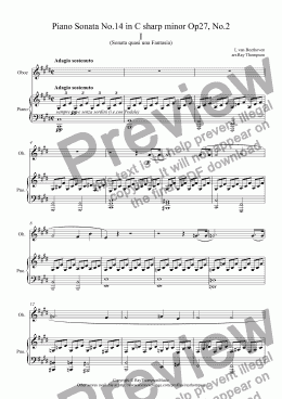 page one of Beethoven: Piano Sonata No.14 in C sharp minor Op27, No.2 Mvt. I.Adagio Sostenuto (Moonlight Sonata) arranged oboe and piano