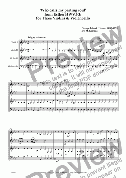 page one of ’Who calls my parting soul’ from Esther HWV.50b for Three Violins & Violoncello