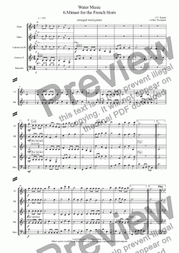 page one of Water Music 6. Minuet for the French Horn (arranged wind quintet)