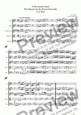 page one of Handel: 4 Movements from The Musick for the Royal Fireworks: La Paix, Bourée, La Réjouissance & Menuets I & II (Menuet and Trio) arranged wind quintet