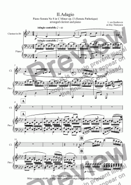 page one of Beethoven: Piano Sonata No 8 in C Minor op.13 (Sonata Pathetique) II.Adagio cantabile (arranged clarinet and piano)