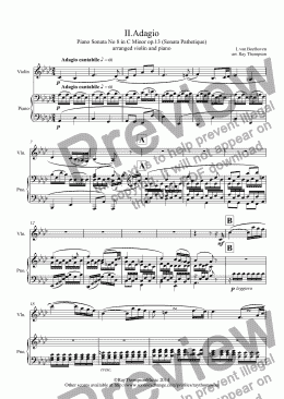 page one of Beethoven: Piano Sonata No 8 in C Minor op.13 (Sonata Pathetique) II.Adagio cantabile (arranged violin and piano)