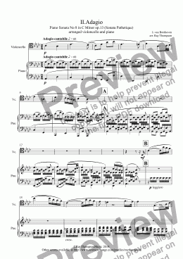 page one of Beethoven: Piano Sonata No 8 in C Minor op.13 (Sonata Pathetique) II.Adagio cantabile  (arranged cello and piano)