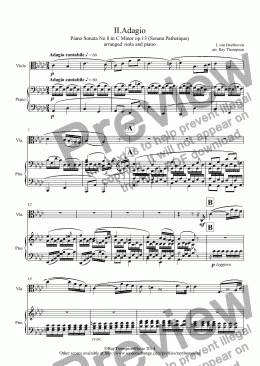 page one of Beethoven: Piano Sonata No 8 in C Minor op.13 (Sonata Pathetique) II.Adagio cantabile (arranged viola and piano)