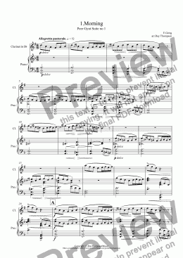page one of Grieg: Morning (Morgenstimmung) (Peer Gynt Suite no 1)(easier abridged version) arranged clarinet and piano
