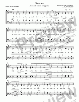 page one of Sanctus (SCHUBERT) ("Holy, Holy, Holy" from Deutsche Messe) for SATB mixed voices choir, a cappella, arr. by Pamela Webb Tubbs