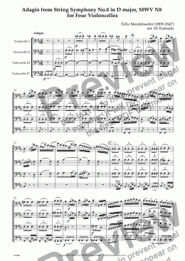 page one of Adagio from String Symphony No.8 in D major, MWV N8  for Four Violoncellos