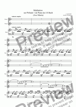 page one of Méditation sur Prélude 1 de Piano de J.S Bach  (Ave Maria)(Wedding Ceremony) arranged flute duet and piano