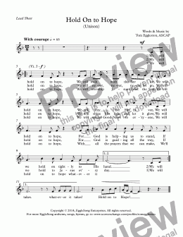 page one of Hold On to Hope (Unison) Lead Sheet