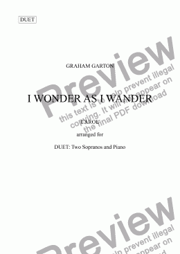 page one of CAROL - ’I WONDER AS I WANDER’ Arranged as a DUET for Two Sopranos and Piano