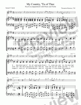 page one of America (TRADITIONAL) or My Country, ’Tis of Thee - Vocal accompaniment for Piano and Solo Violin