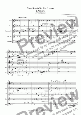 page one of Beethoven: Piano Sonata No 1 in F minor Op2. No.1: I. Allegro (arr.wind quintet)