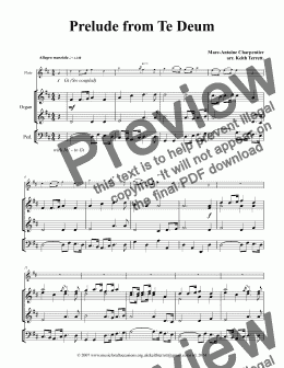 page one of Prelude from Te Deum  (Eurovision Song Contest Theme) for Flute & Organ w pedals