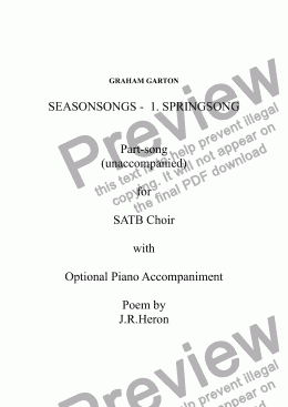 page one of PART-SONG - SEASONSONGS – 1. SPRINGSONG SATB Part-Song unaccompanied but with Optional Piano Accompaniment. Words by J.R.Heron