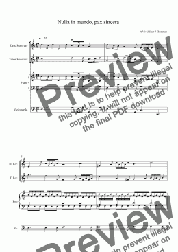 page one of VIVALDI - Nulla in mundo, pax sincera, arranged for Recorders, Choir, Piano & Cello