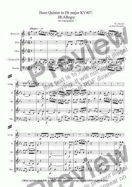 page one of Mozart: Horn Quintet in Eb major KV407.  III.Allegro (arr. wind quintet)