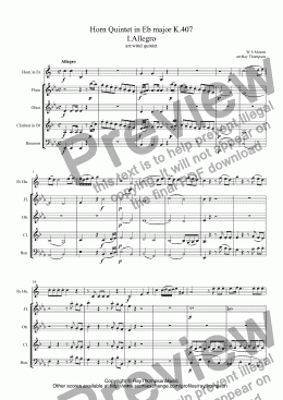 page one of Mozart: Horn Quintet in Eb major K.407 (complete) (arr.wind quintet)