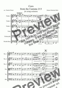 page one of J.S. Bach Coro from the Cantata 213 for string orchestra