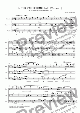 page one of INSTRUMENTAL - AFTER WIDDICOMBE FAIR (Version 1.) Easy Trio for Bassoon, Trombone and Cello