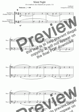 page one of Silent Night (for trombone duet, suitable for grades 1-5)