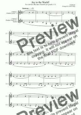 page one of Joy to the World (for clarinet(Bb) duet, suitable for grades 1-5)