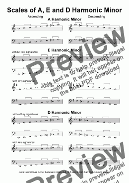 page one of Helpsheet: Scales of A, E & D Harmonic Minor