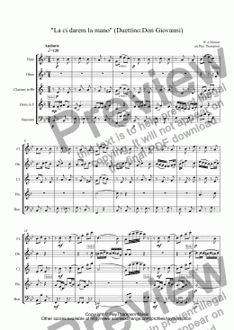 page one of Mozart: Aria:"La ci darem la mano" (Duettino:Don Giovanni) arranged wind quintet (horn/oboe feature)