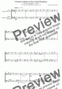 page one of National Anthem of the United Kingdom (for cello duet, suitable for grades 2-5)