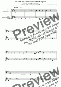 page one of National Anthem of the United Kingdom (for oboe duet, suitable for grades 2-5)