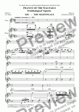 page one of CHORAL BALLET for Children - PRANCE OF THE WAGTAILS  (Nickname ’Birdie Opera’) for Solo and Unison Voices: Ornithological Vignette No.13 THE NIGHTINGALE