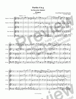 page one of GP Telemann Kleine Kammermusik Partita 4 in g for SSATB Recorders