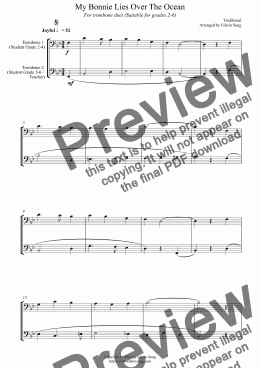page one of My Bonnie Lies Over The Ocean (for trombone duet, suitable for grades 2-6)