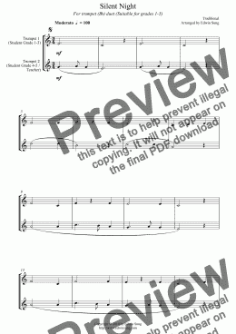 page one of Silent Night (for trumpet (Bb) duet, suitable for grades 1-5)