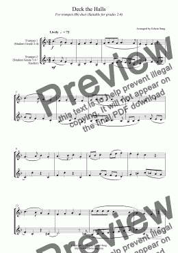 page one of Deck the Halls (for trumpet (Bb) duet, suitable for grades 2-6)