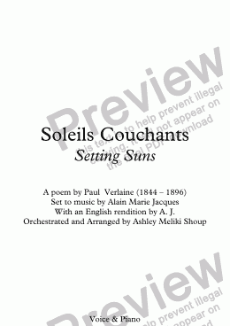 page one of Soleils couchants (A. Jacques / Verlaine) - Voice, Harmonica & Piano - bilingual