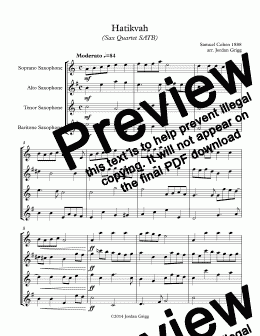 page one of Hatikvah (Sax Quartet SATB)