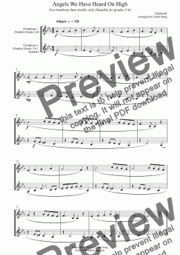 page one of Angels We Have Heard On High (for trombone duet (treble clef), suitable for grades 2-6)