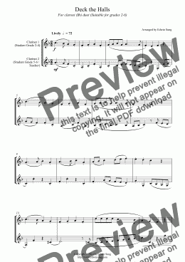 page one of Deck the Halls (for clarinet (Bb) duet, suitable for grades 2-6)