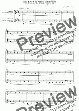 page one of God Rest You Merry, Gentlemen (for clarinet (Bb) duet, suitable for grades 1-5)