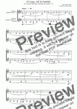 page one of O Come, All Ye Faithful (for clarinet (Bb) duet, suitable for grades 1-5)