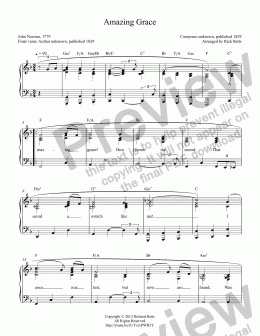 page one of Amazing Grace - Hymn Piano Solo and Chord Worksheets