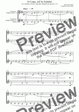 page one of O Come, All Ye Faithful (for trombone duet (treble clef), suitable for grades 2-6)