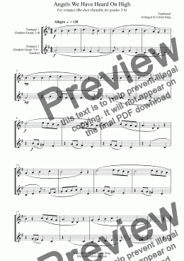 page one of Angels We Have Heard On High (for trumpet (Bb) duet, suitable for grades 2-6)