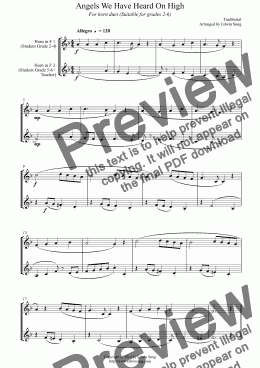 page one of Angels We Have Heard On High (for horn duet, suitable for grades 2-6)