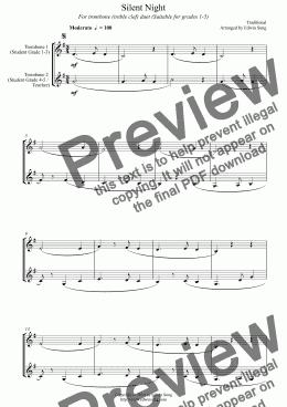 page one of Silent Night (for trombone duet (treble clef), suitable for grades 1-5)